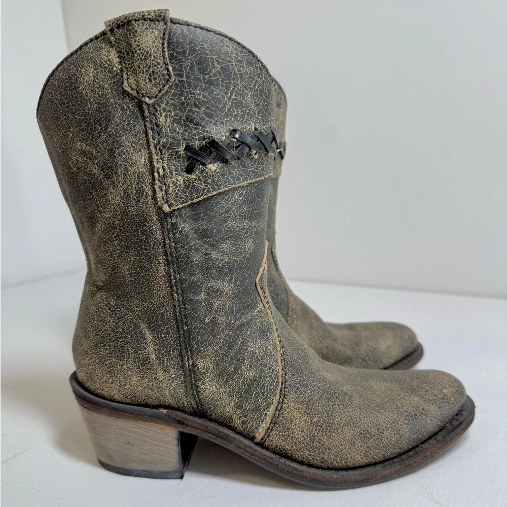 Old West Girl’s Distressed Leather Charcoal Cross Stitch Cowgirl Boots Size 2.5